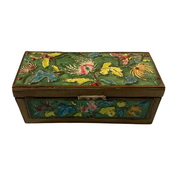 Vintage Antique Chinese Cloisonne Enamel Brass Floral Mini Stamp Trinket Box - Picture 1 of 9